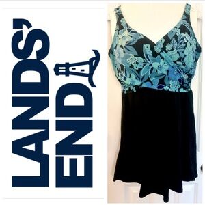 Lands’ End Swimsuit Dress tropical flutter skirt black blue vacation beach sz 16
